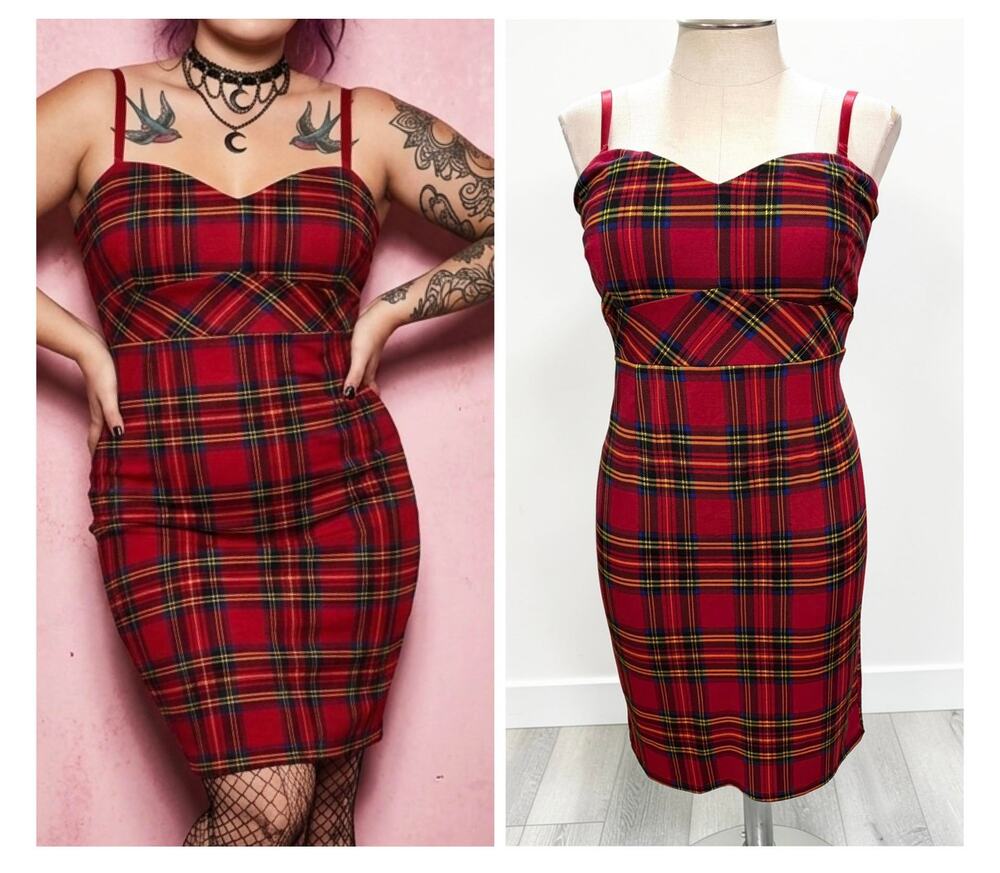 Torrid 16 Betsey Johnson Red Tartan Plaid Punk Gothic Rockabilly Ponte Dress - Picture 1 of 7